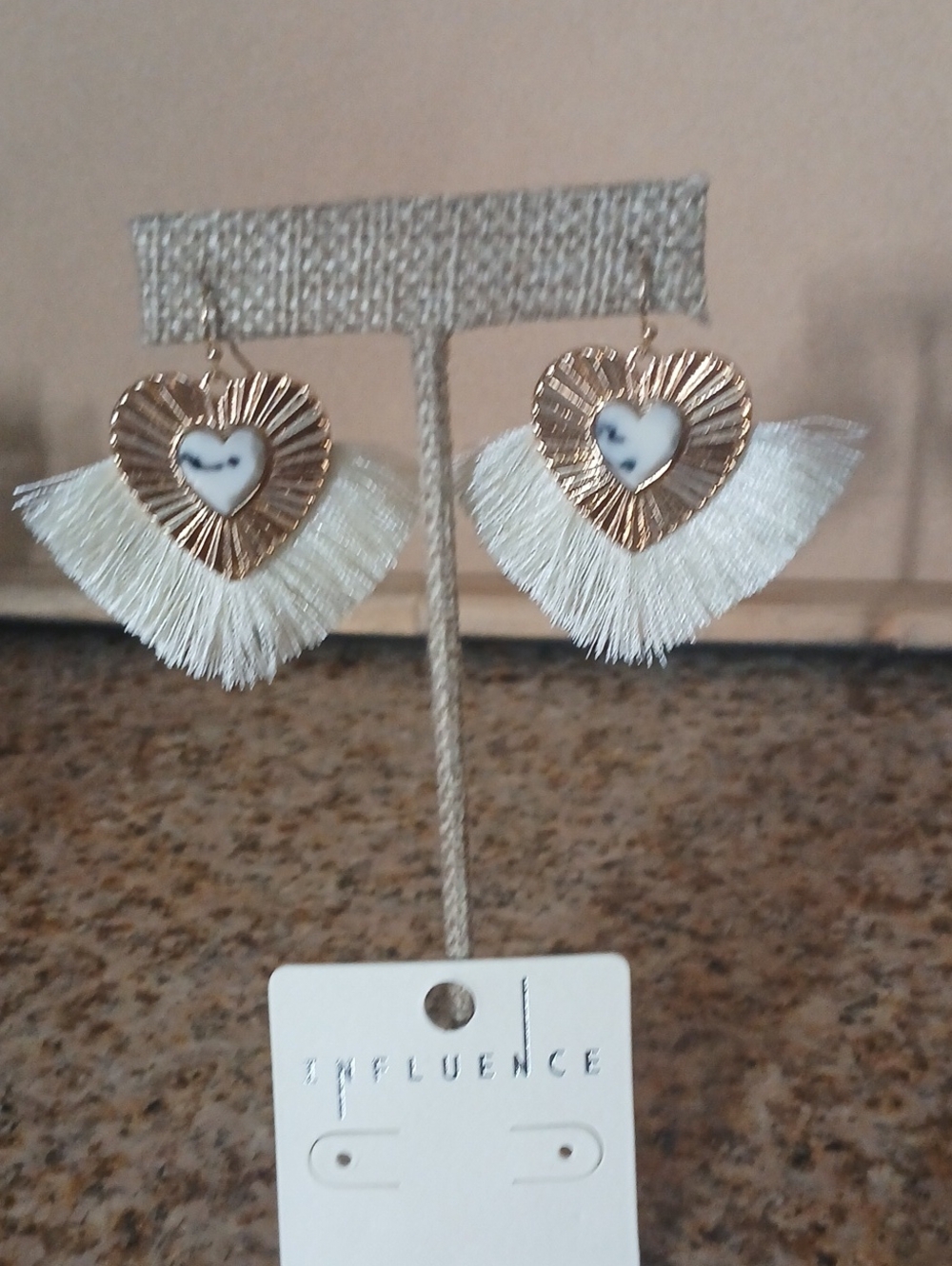 Influence Gold Heart Earrings with Cream Fringe